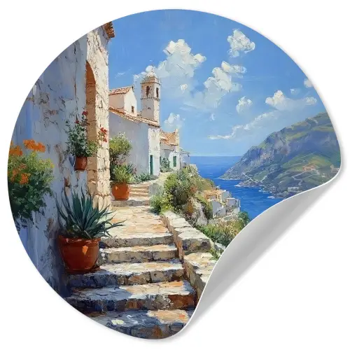 Trap - Huizen - Berglandschap - Zee Wandcirkel behangsticker klein -3d