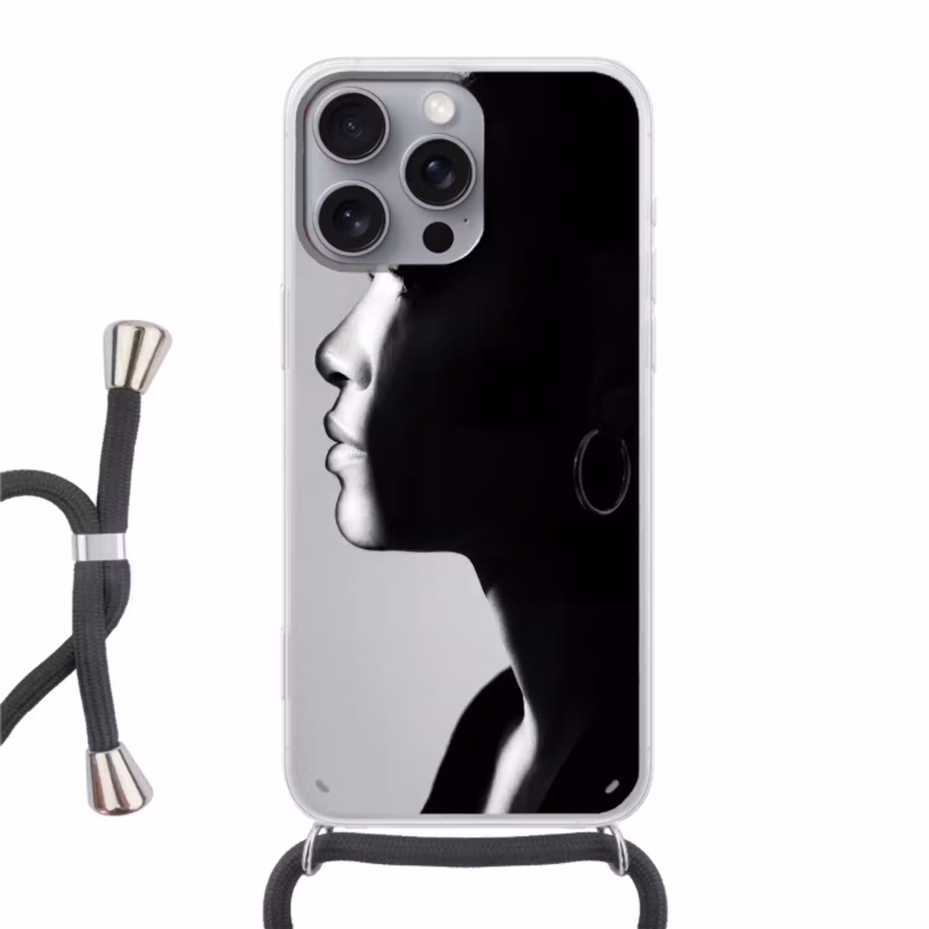 Vrouw - Profiel - Mensen - Zwart-wit Hoesje iPhone 16 Pro Max met koord klein -3d