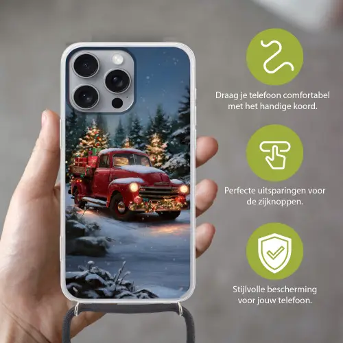 Kersttruck - Sneeuwbos - Rood Hoesje iPhone 16 Pro Max met koord klein -sfeer2_NL