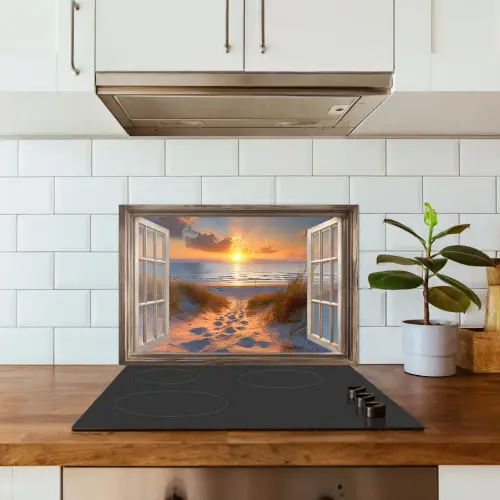 Doorkijk - Strand - Duinen - Zonsondergang keuken achterwand spatscherm klein -sfeer2