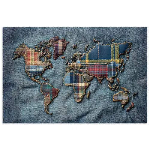 Wereldkaart - Denim - Textiel poster papier klein -3d