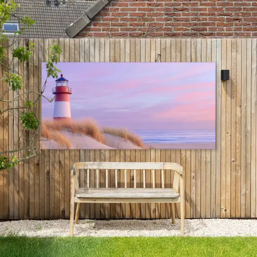 Vuurtoren - Duinen - Zonsondergang Tuinposter op houten frame 2 cm dik xxl -sfeer4