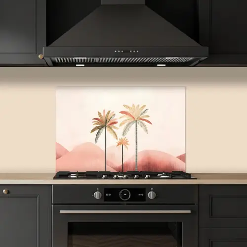 Palmbomen - Heuvels - Minimalistisch - Zachtroze keuken achterwand spatscherm klein -sfeer1