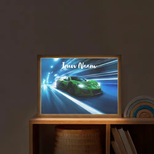Groene racewagen - Blauw - Neon - Licht Light Box met batterij (Wandlamp kind) middel -sfeer1_kind