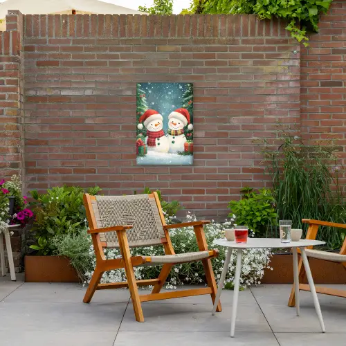 Sneeuwpop - Kerstsneeuw - Groen - Rood Tuinposter op houten frame 2 cm dik klein -sfeer3