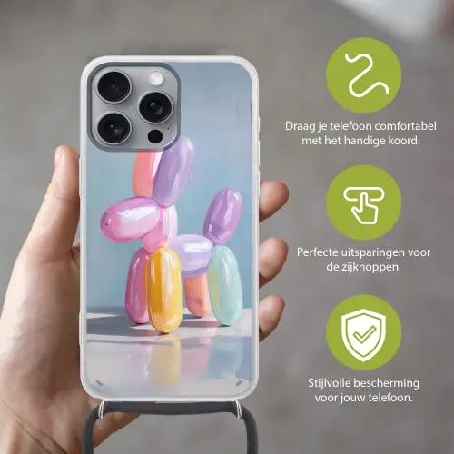 Dier - Ballon - Pasteltinten - Glanzend Hoesje iPhone 16 Pro Max met koord klein -sfeer2_NL