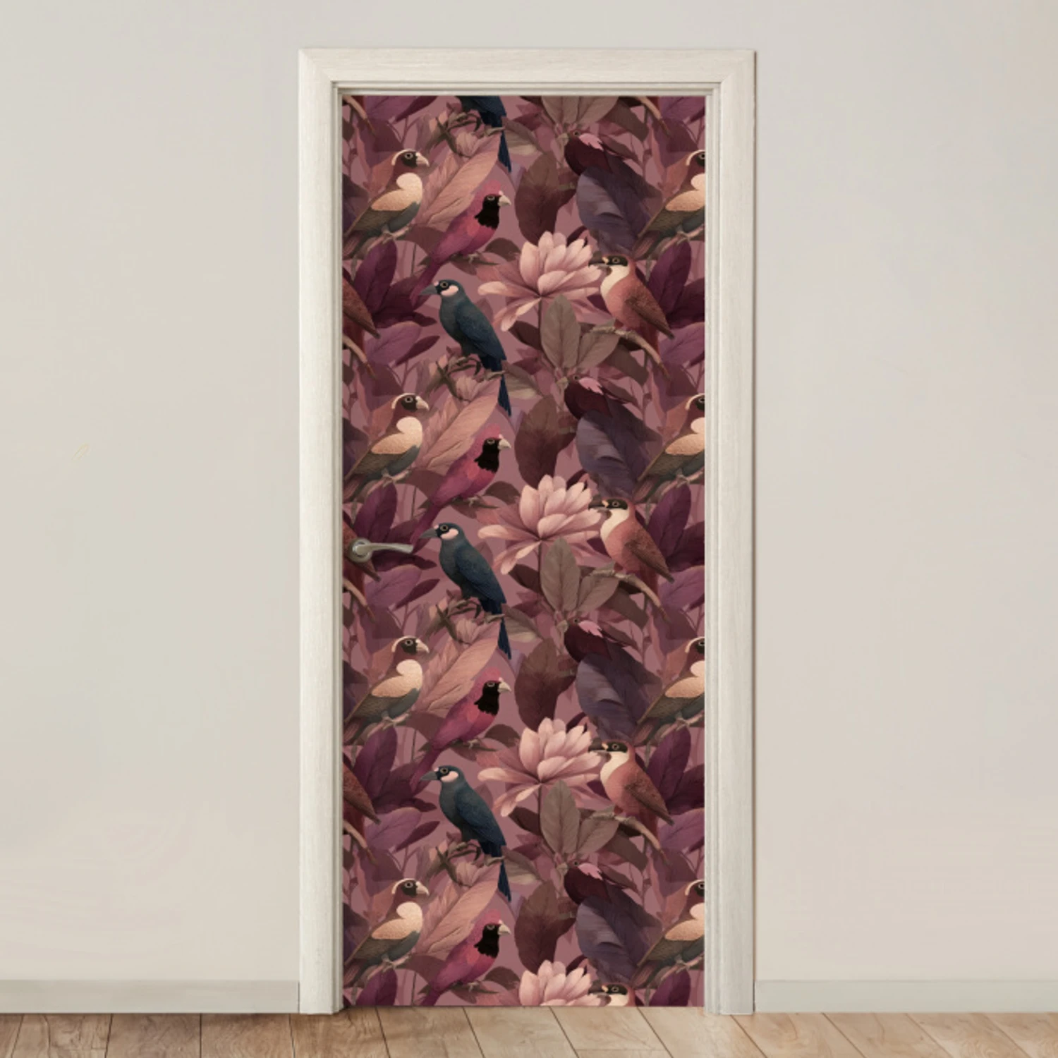 Vogels - Bladeren - Roze deurposter klein 289 -3d_beige