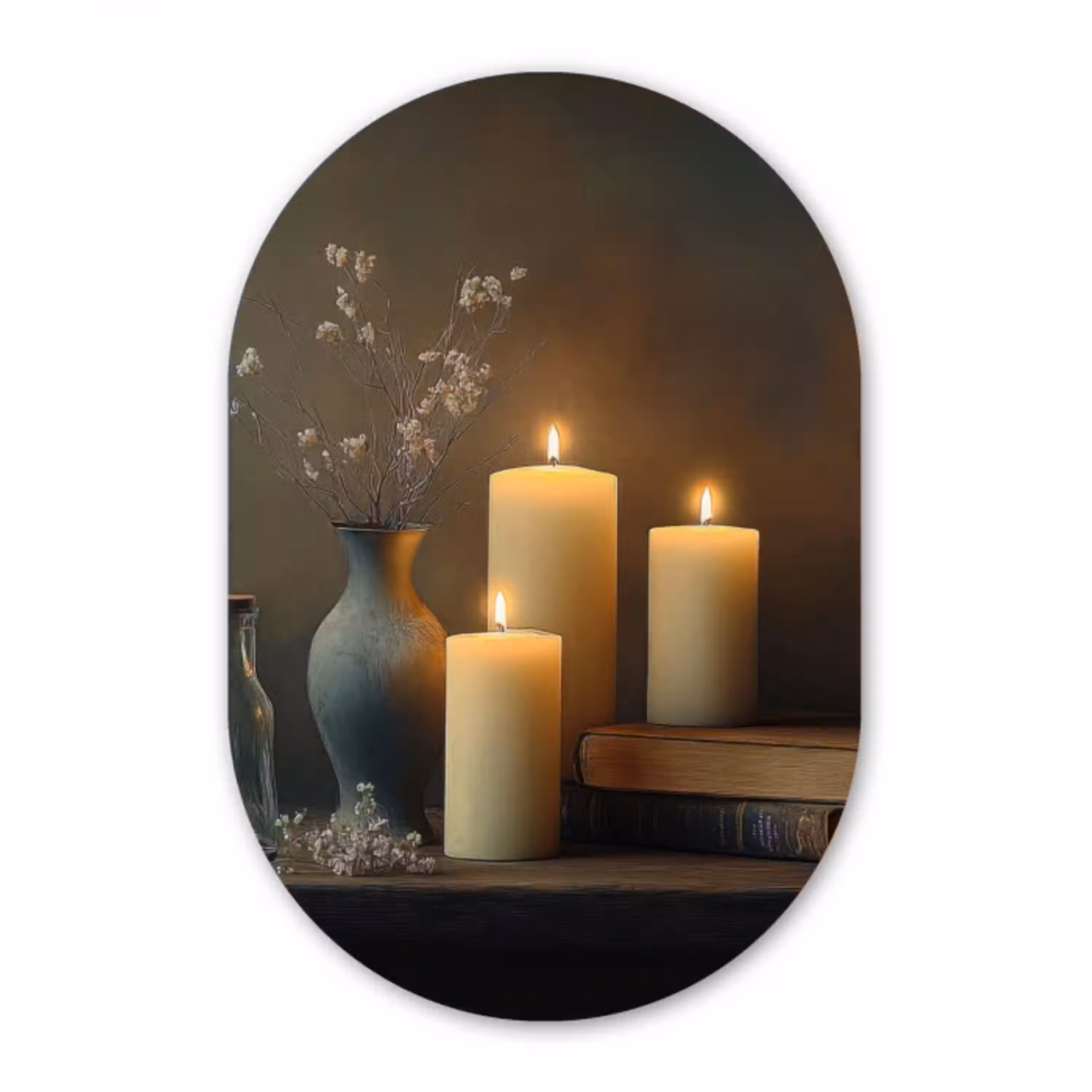 Kaarsen - Stilleven - Rustiek - Boeken Wandcirkel Ovaal Glas middel -3d