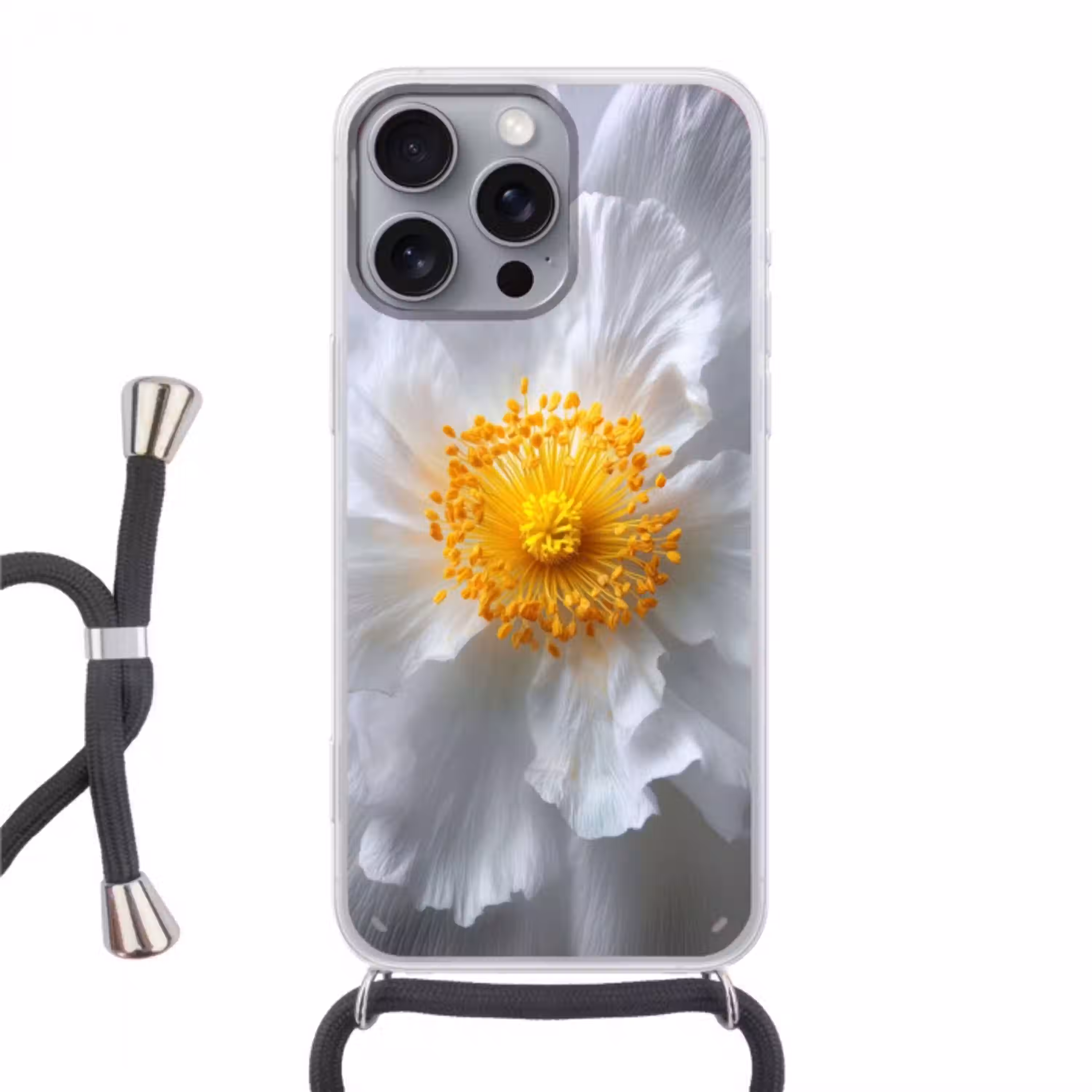 Wit - Bloem - Elegant Hoesje iPhone 16 Pro Max met koord klein -3d