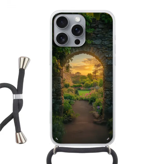 Poort - Planten - Zonsondergang Hoesje iPhone 16 Pro Max met koord klein -3d