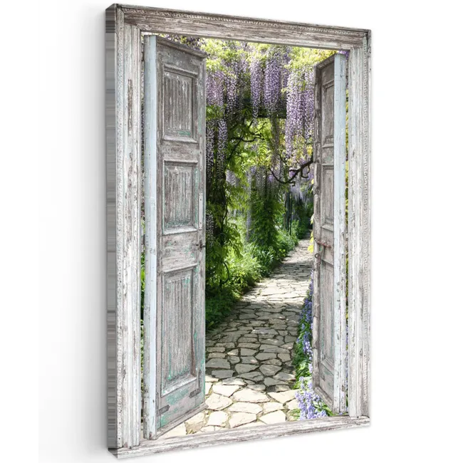 Buiten canvas - Oude deuren naar een tuinpad