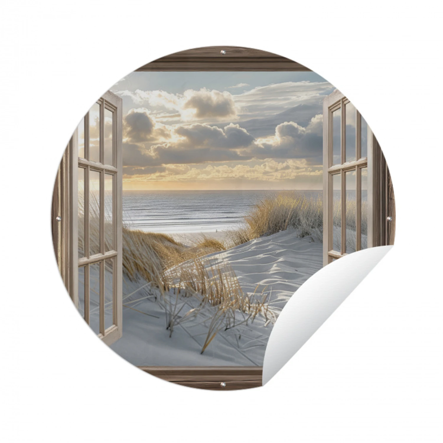 Doorkijk - Strand - Duinen - Zee - Natuur Wandcirkel tuinposter met ringen klein -3d