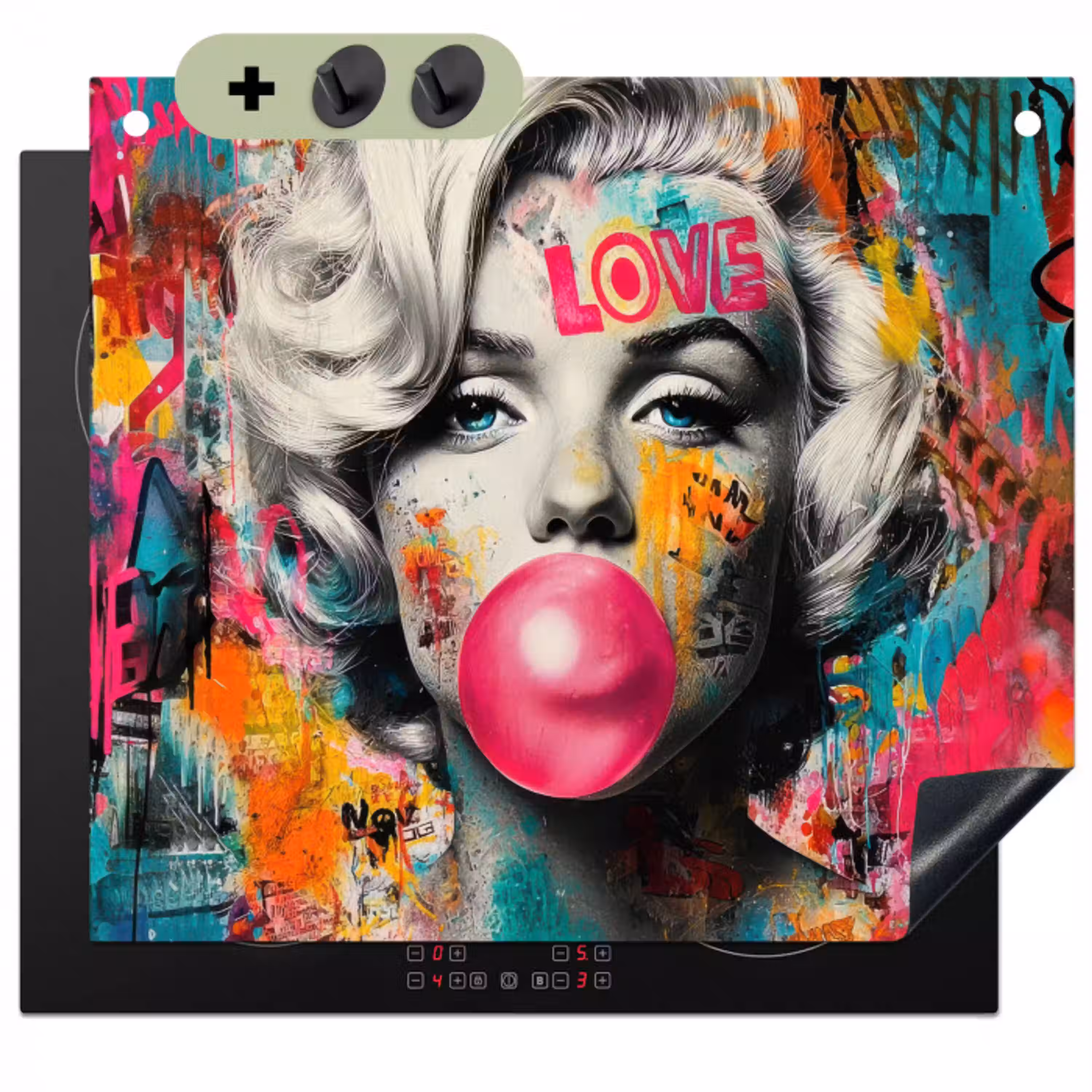 Vrouw - Kauwgom - Graffiti - Neonkleuren Inductie beschemer met haakjes klein -3d