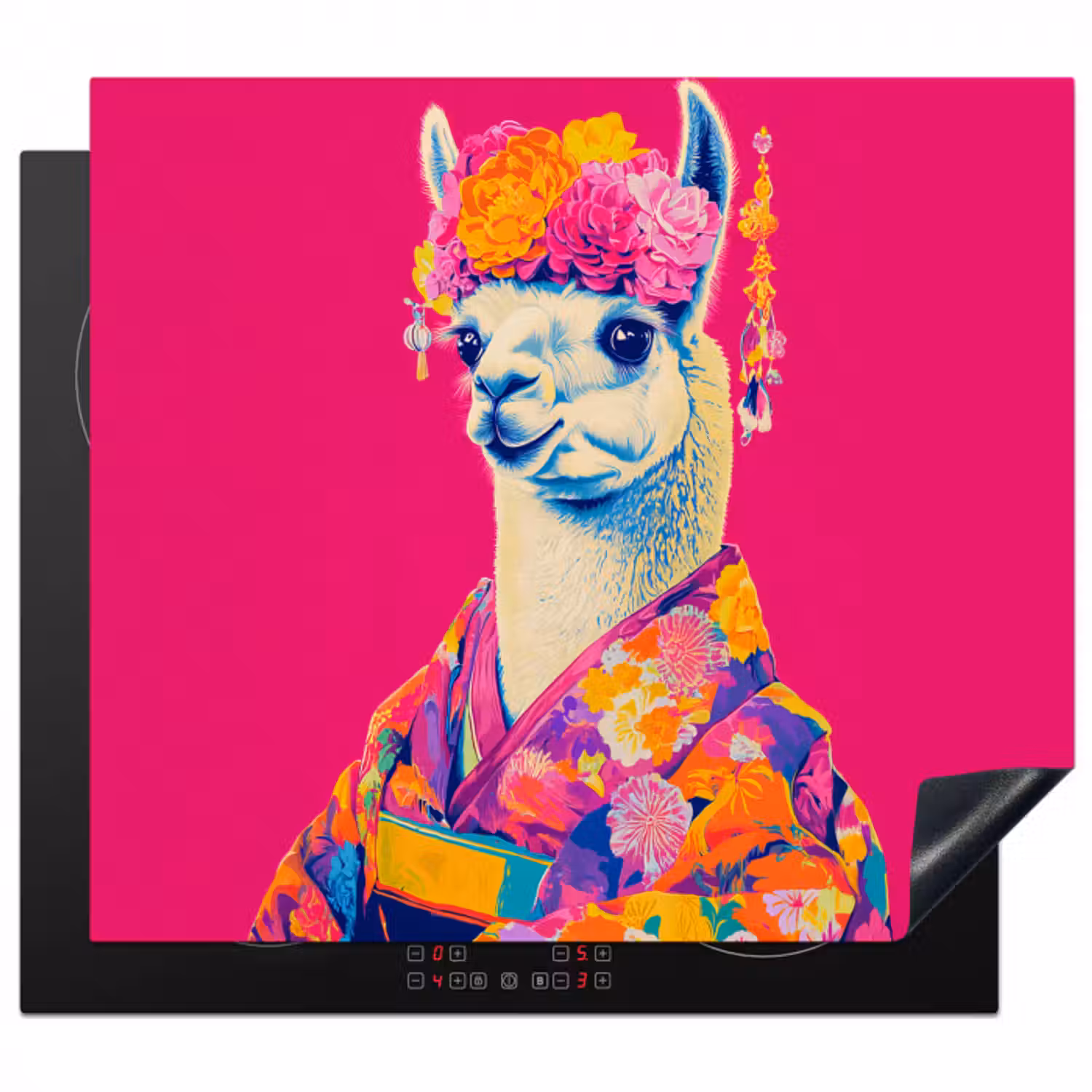 Herdabdeckplatte - Lama - Kimono - Blumenkranz - Hellrosa