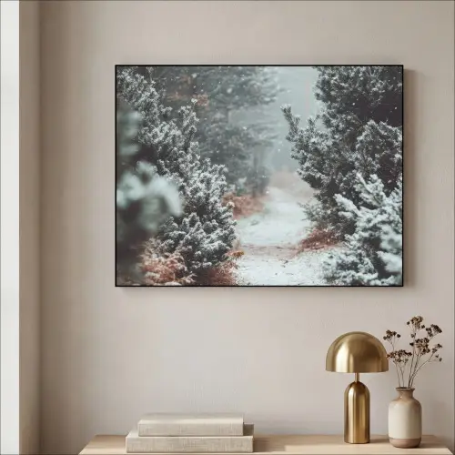 Bos - Winter - Bomen - Natuur - Pad - Sneeuw Textielframe zwart klein -sfeer2