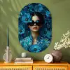 Vrouw - Bloemen - Blauw - Aesthetic - Luxe Wandcirkel Ovaal Glas middel -sfeer2