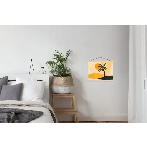 Illustratie - Palmboom - Zon - Heuvels textielposter latten blank klein -woonkamer