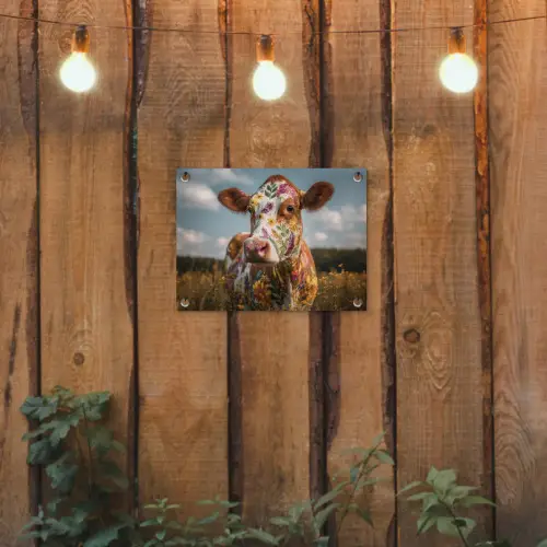 Koe - Bloemen - Weiland tuinposter los doek klein -sfeer1