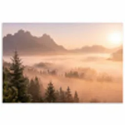 Zonlicht - Mist - Bergen - Bomen poster papier klein -3d