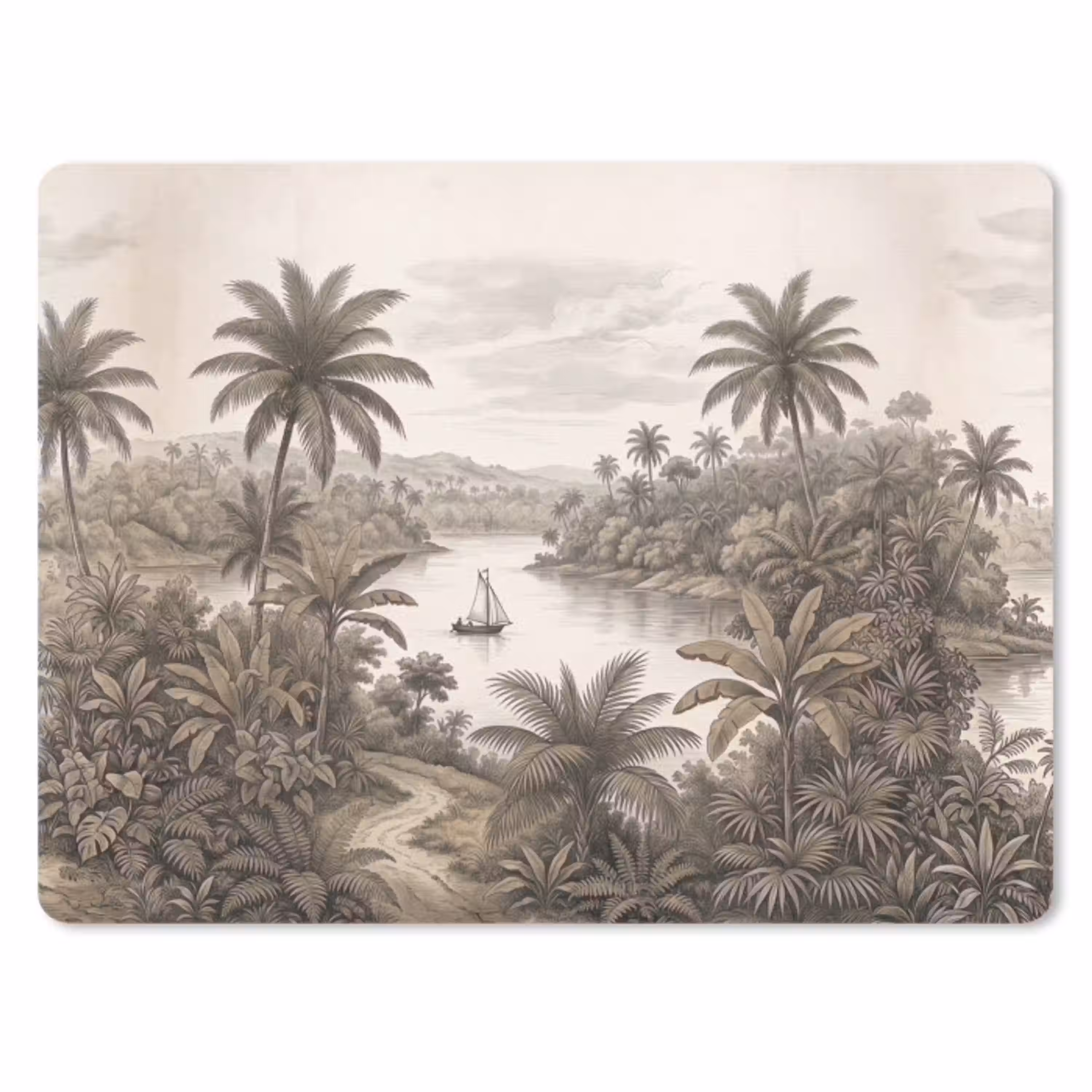 Landschap - Rivier - Boot - Tropisch - Vintage muismat rubber klein -3d