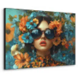 Vrouw - Bloemen - Oranje - Blauw - Modern Textielframe zwart klein -3d