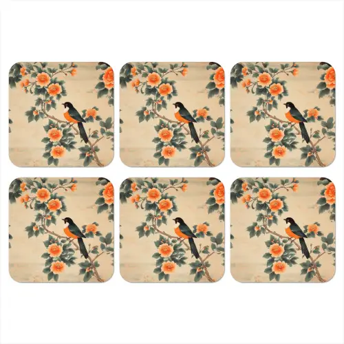 Vogel - Tak - Bloemen - Oranje onderzetter kurk middel -3d