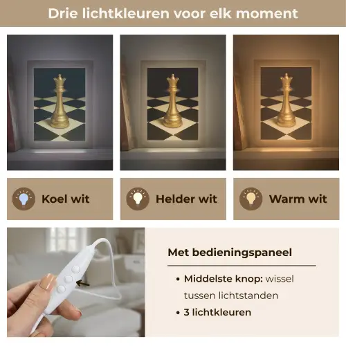 Koningin - Schaakstuk - Geblokt - Goud Light Box met kabel (Tafellamp) klein -USP_lichtkleurNL