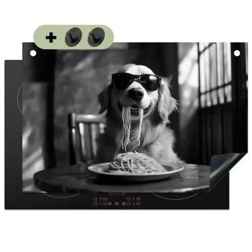 Golden Retriever - Hond - Vrolijk -  Bord spaghetti - Zwart - wit Inductie beschemer met haakjes klein -3d