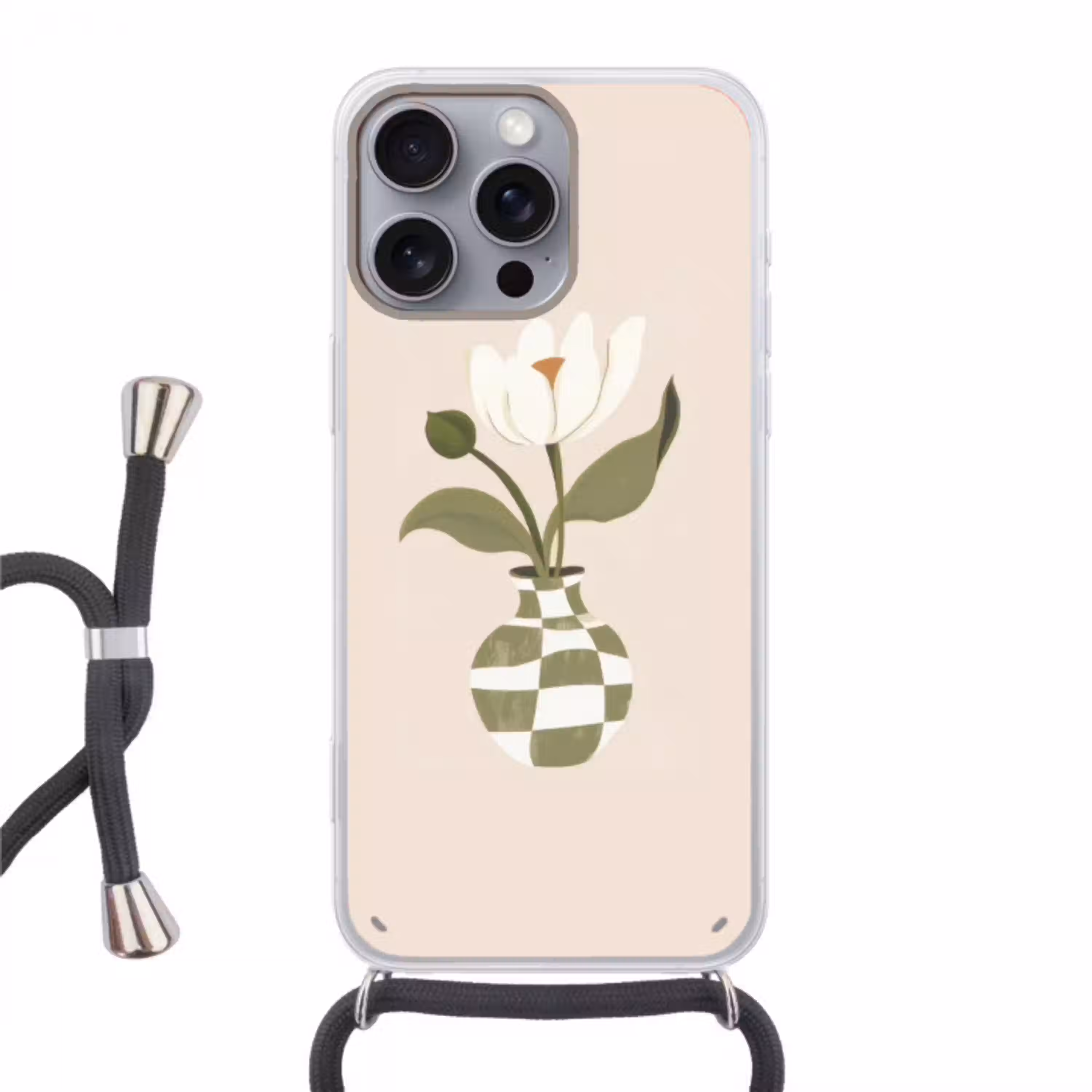 Vaas - Geruit - Bloem - Groen Hoesje iPhone 16 Pro Max met koord klein -3d