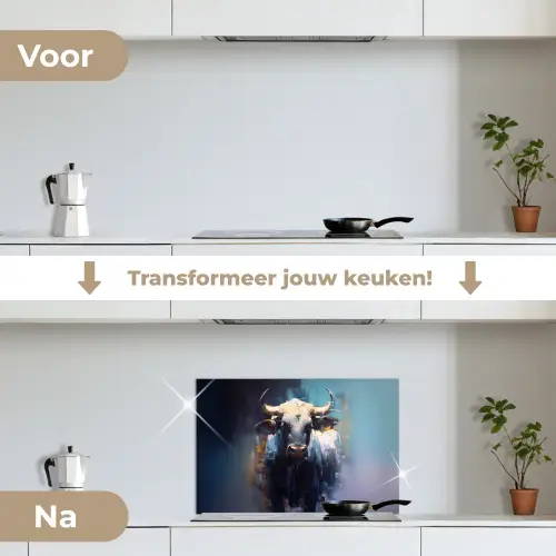 Stier - Zwart - Abstract - Horens keuken achterwand spatscherm klein -voor_na_NL