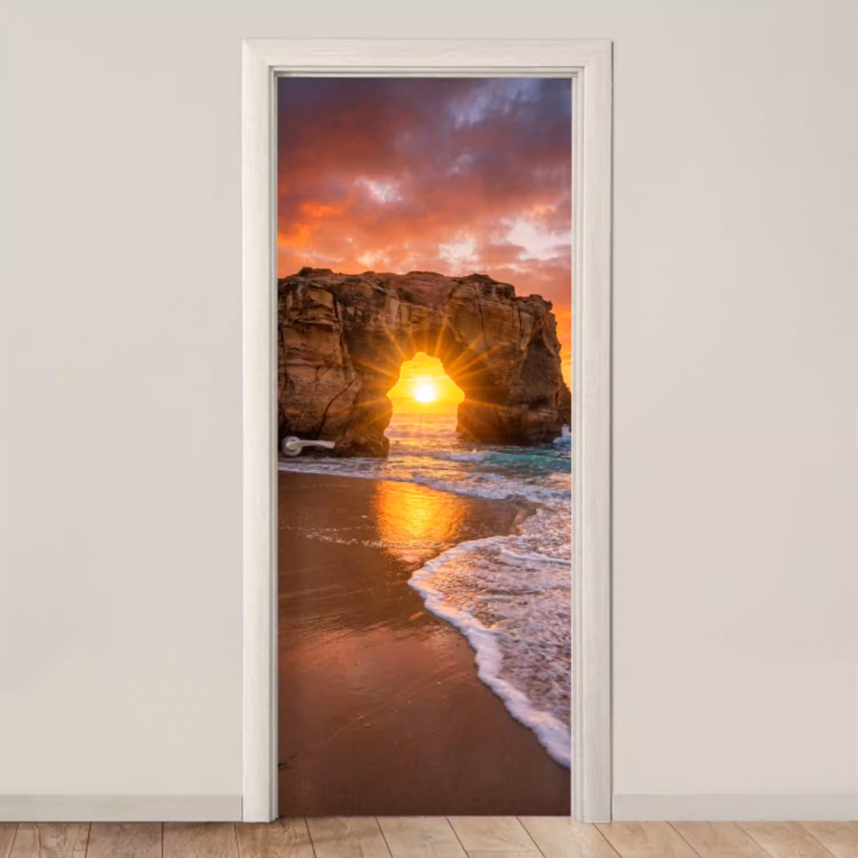 Kust - Rots - Zonsondergang - Zee - Natuur deurposter klein -3d_beige