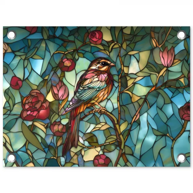 Vogel - Tak - Rozen - Mozaïek tuinposter los doek klein -3d