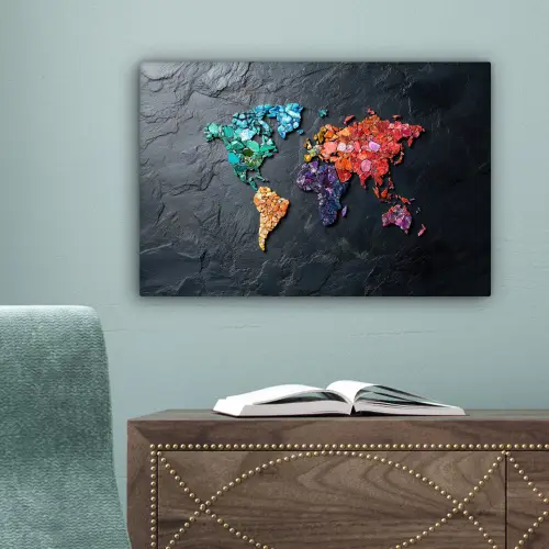 Wereldkaart - Edelstenen - Regenboog - Ruw canvas 2cm klein -sfeer4