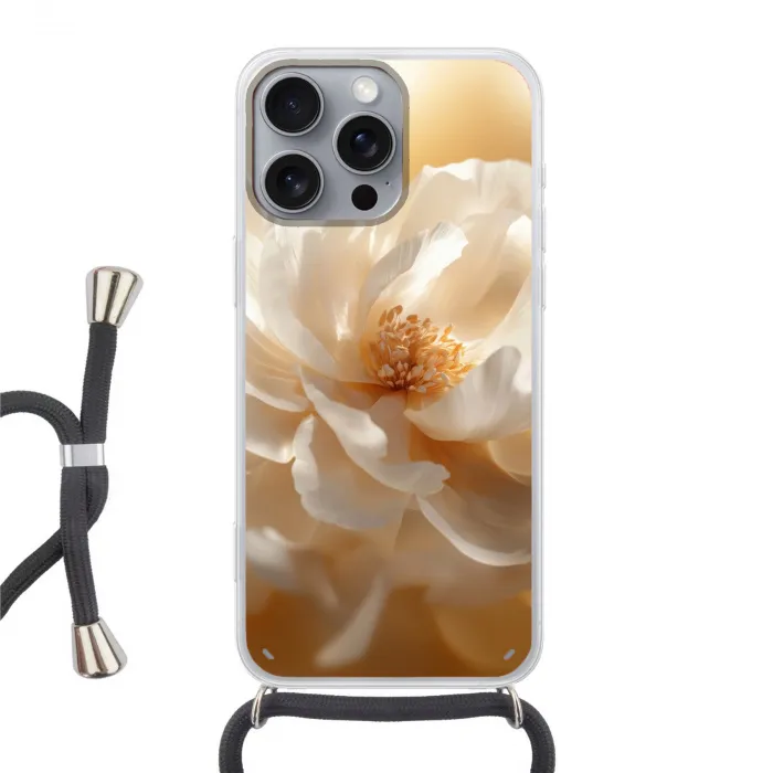 Close up - Pioenroos - Wit Hoesje iPhone 16 Pro Max met koord klein -3d