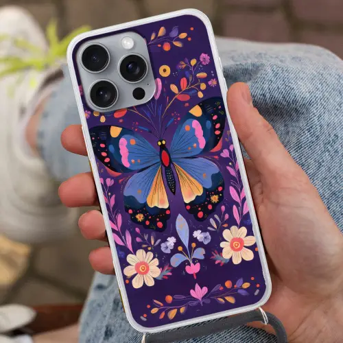 Sierlijk - Bloemen - Vlinder - Paars Hoesje iPhone 16 Pro Max met koord klein -sfeer3