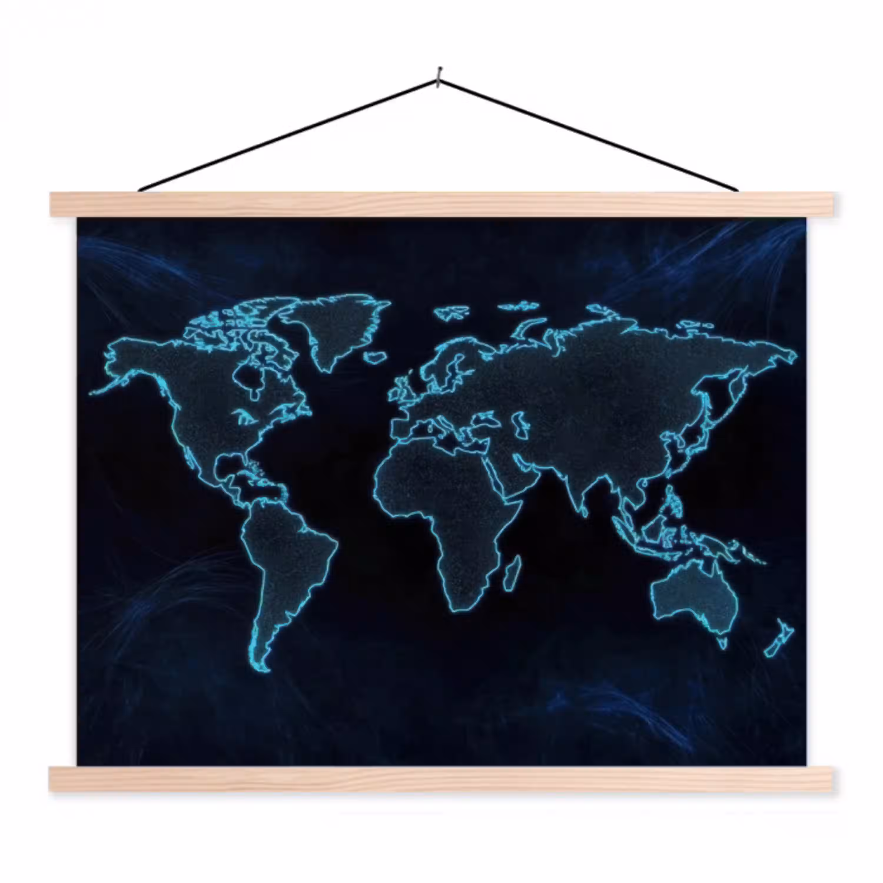 Wereldkaart - Digitaal - Neon - Blauw textielposter latten blank klein -3d