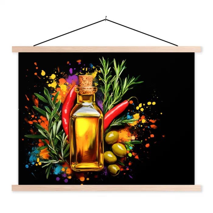Olijfolie - Graffiti - Peper - Olijven - Modern textielposter latten blank klein -3d