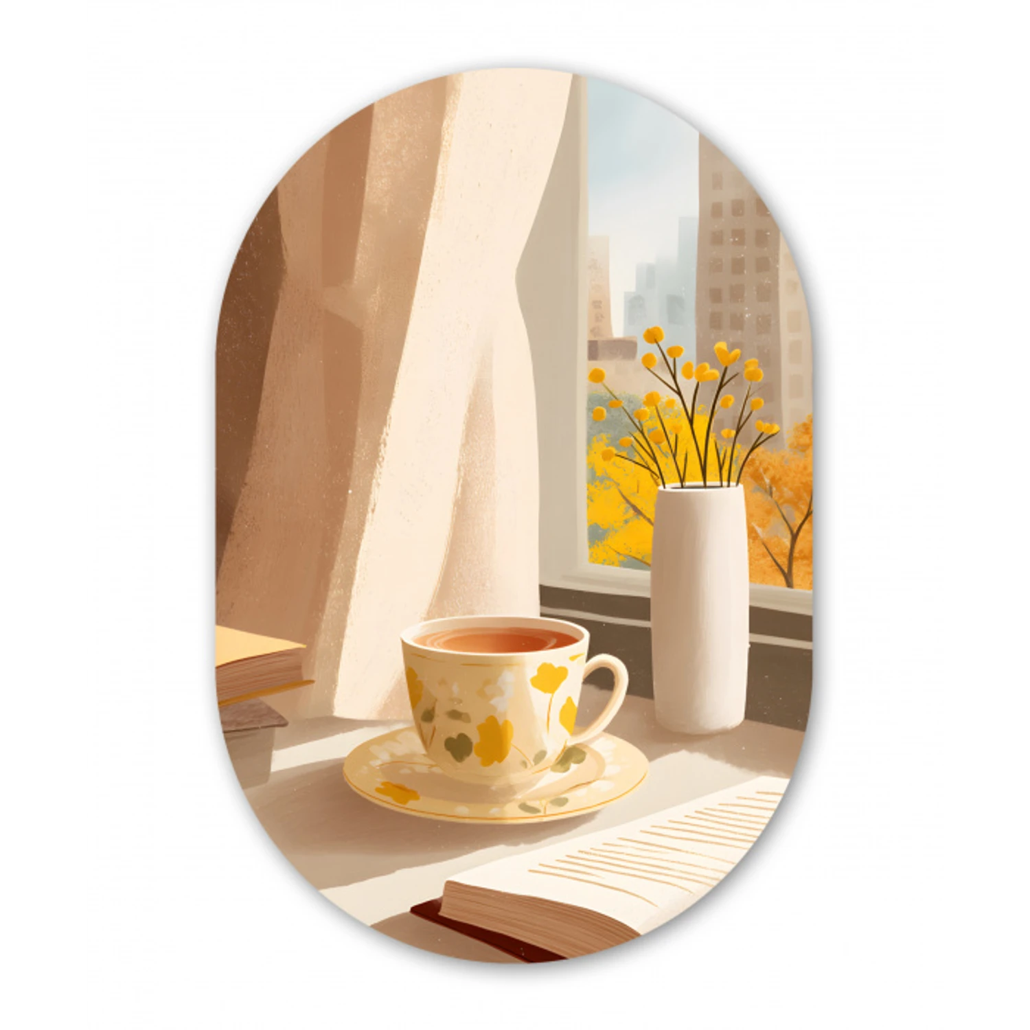 Thee - Boek - Thee - Herfst Wandcirkel Ovaal Aluminium middel -3d