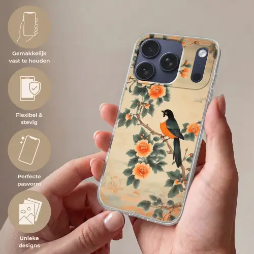 Vogel - Tak - Bloemen - Oranje Telefoonhoesje iPhone 17 Pro klein -sfeer3_NL