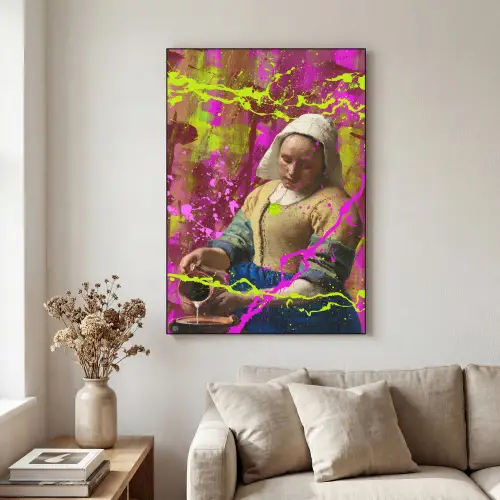 Melkmeisje - Johannes Vermeer - Neon Textielframe zwart klein -sfeer1