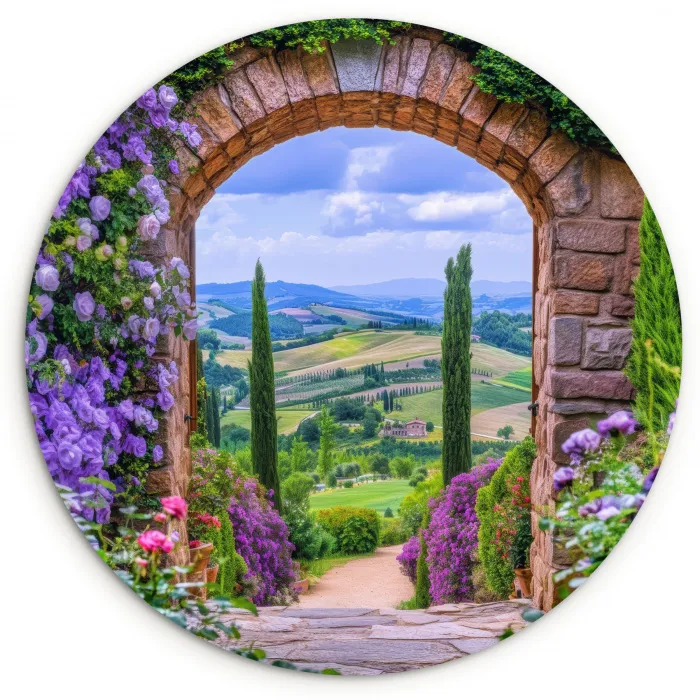 Doorkijk - Toscane - Landschap - Poort Wandcirkel kunststof plaat 5mm dik klein -3d