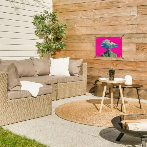 Man - Pak - Wolk - Roze tuinposter los doek klein -sfeer4