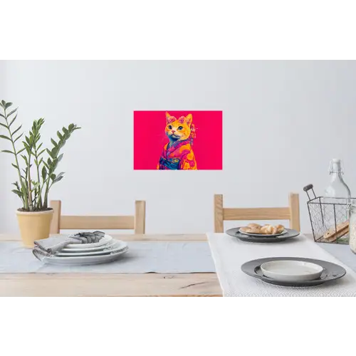 Kat - Kimono - Bloemen - Roze Muursticker klein -eettafel