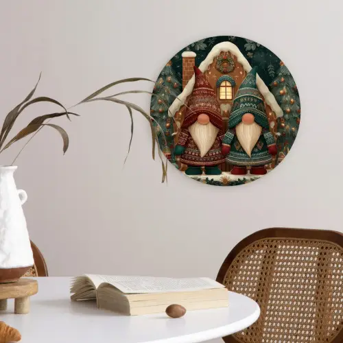 Kerst - Gnomen - Peperkoekhuisje - Rood - Groen Wandcirkel kunststof plaat 5mm dik klein -sfeer4