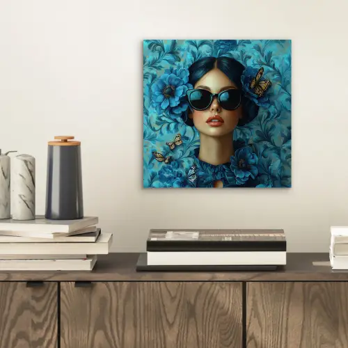 Vrouw - Bloemen - Vlinders - Blauw - Abstract aluminium wit klein -sfeer1
