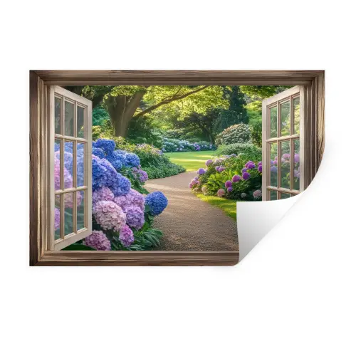 Doorkijk - Tuin - Raam - Hortensia - Bloemen Muursticker klein -3d