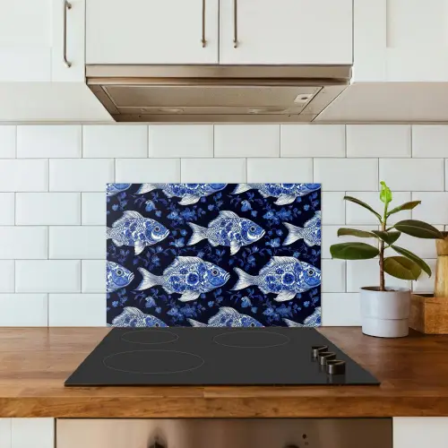 Vissen - Bloemen - Blauw keuken achterwand spatscherm klein 900 -sfeer2