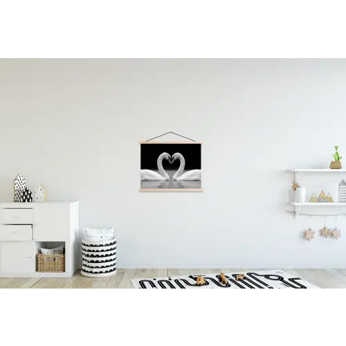 Zwanen - Hart - Zwart - Wit textielposter latten blank klein -kinderkamer