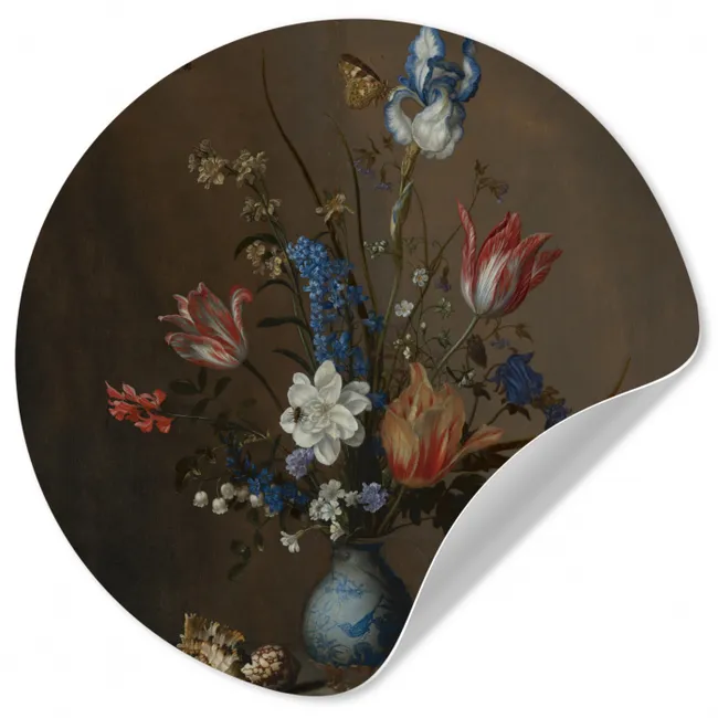 Bloemen in een Wan-Li vaas en schelpen - Schilderij van Balthasar van der Ast Wandcirkel behangsticker klein -3d