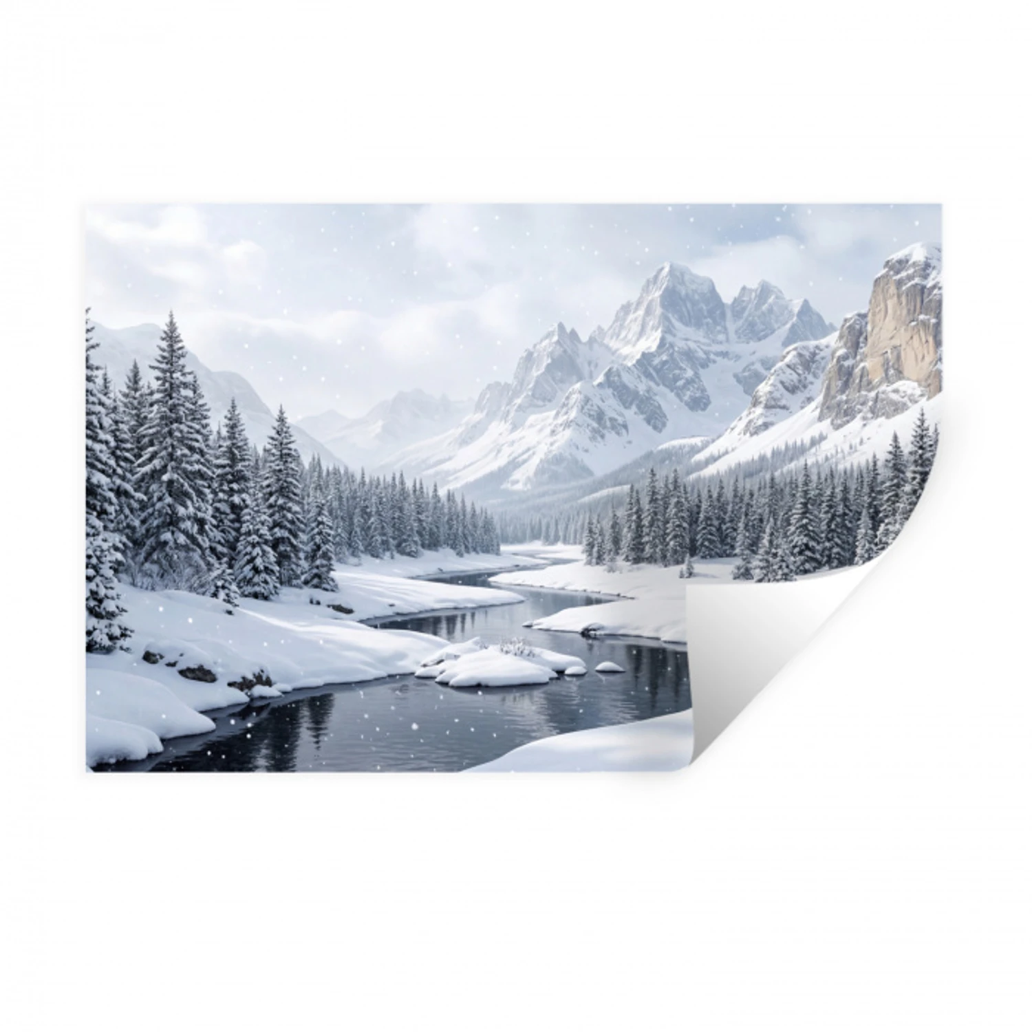 Sneeuwlandschap - Bergen - Rivier - Winter Muursticker klein -3d